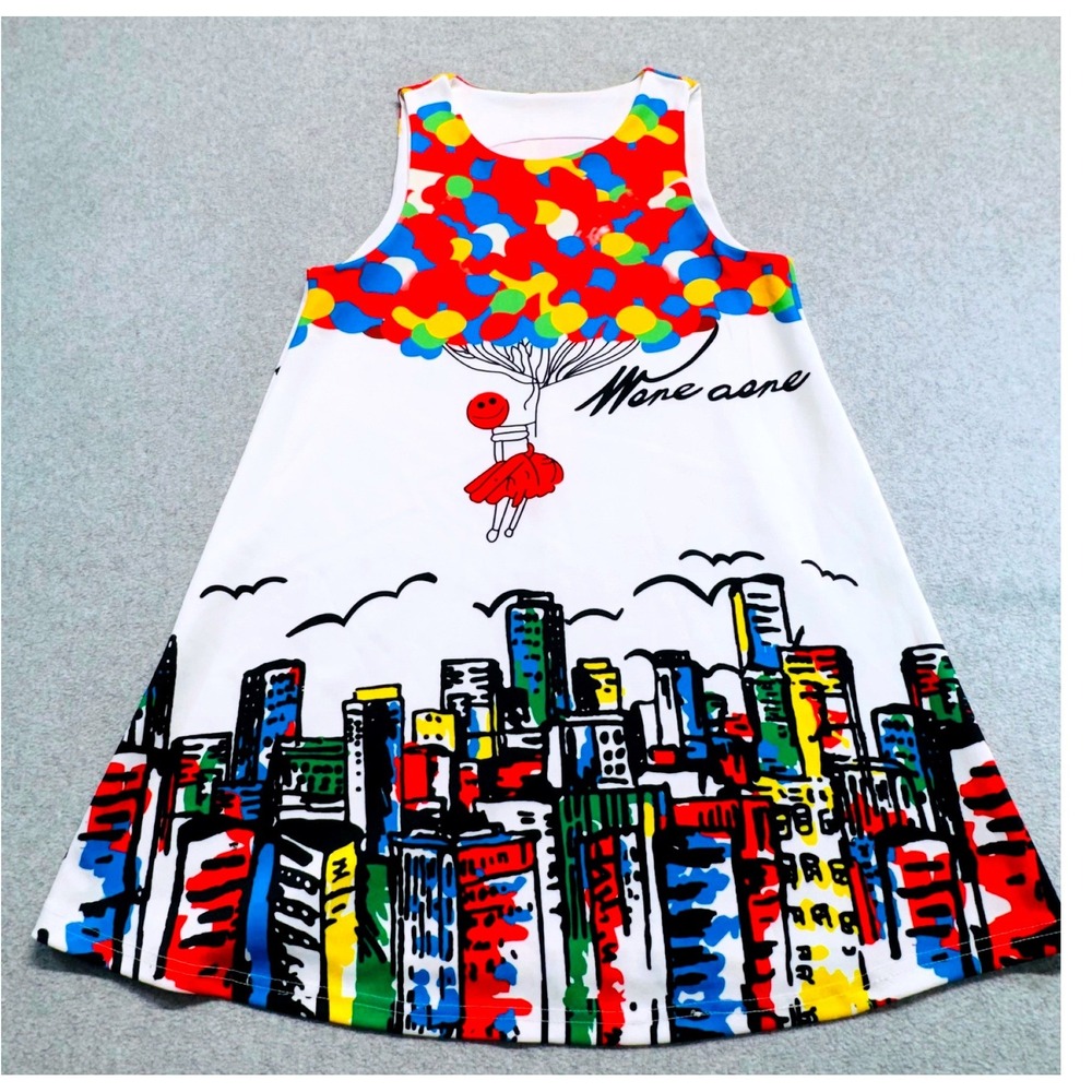 Mane Aone Graphic Print Dress Womens M White Cityscape Balloon Whimsical Pop Art